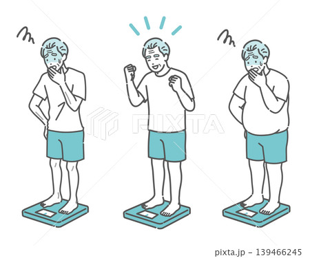体重測定の結果に一喜一憂する3体型のシニア男性イラストセット（痩せ型・標準・肥満） 139466245