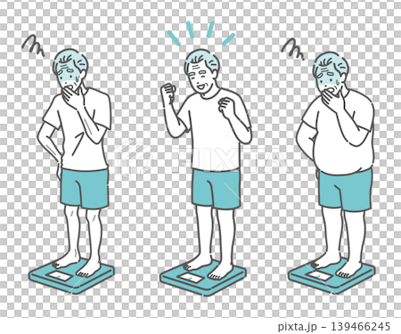 体重測定の結果に一喜一憂する3体型のシニア男性イラストセット（痩せ型・標準・肥満） 139466245