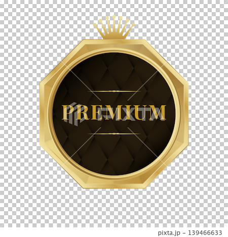 Premium gold badge, crowned premium certification label, and quality assurance medal. 139466633