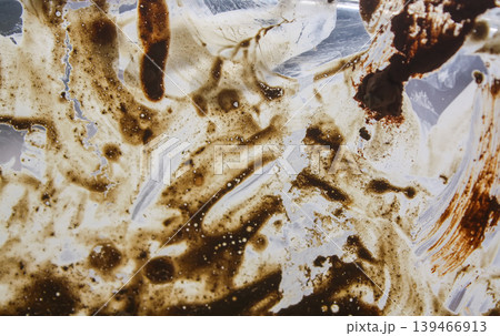 Macro view of water droplets on very dirty glass creating natural abstract patterns. It is ideal for texture backgrounds and modern design elements. 139466913