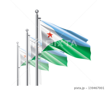Brightly shining Djibouti flags wave proudly on tall masts during official celebration events Brightly shining Djibouti flags wave proudly on tall masts during official celebration events 139467001