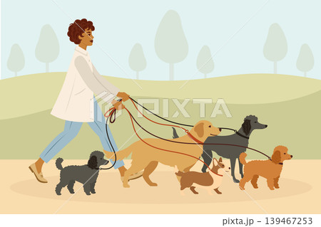 Professional female dog walker with group of different breed pets in park vector illustration. Professional female dog walker with group of different breed pets in park vector illustration. 139467253