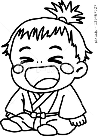 大笑いする赤ちゃん侍のイラスト 線画 ぬりえ 爆笑 笑顔 和服を着た子供 139467327