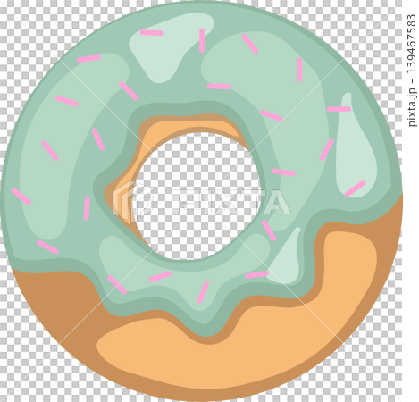 An illustration of a soft golden-brown donut topped with glossy green matcha icing and sprinkles. An illustration of a soft golden-brown donut topped with glossy green matcha icing and sprinkles. 139467583