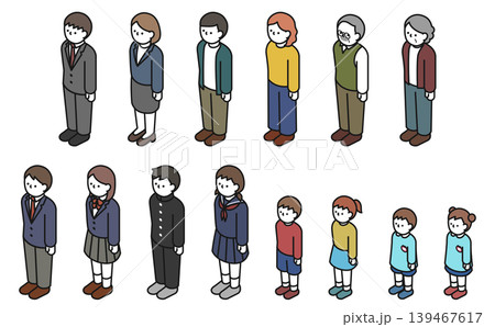 アイソメトリックイラスト：いろんな年代の男女セット(カラー) 139467617