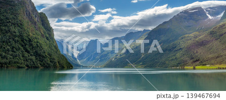 banner of turquoise fjord, mountains, Norway 139467694
