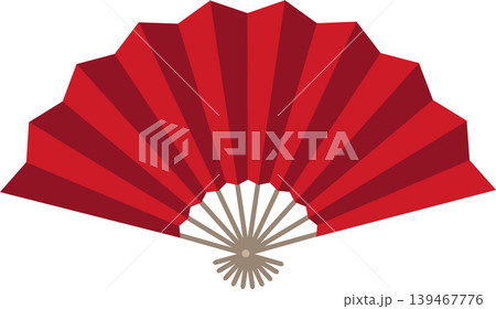 Illustration of a traditional folding hand fan in vibrant red tones, fully opened to display its symmetrical pleated design. Illustration of a traditional folding hand fan in vibrant red tones, fully opened to display its symmetrical pleated design. 139467776