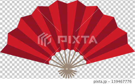 Illustration of a traditional folding hand fan in vibrant red tones, fully opened to display its symmetrical pleated design. Illustration of a traditional folding hand fan in vibrant red tones, fully opened to display its symmetrical pleated design. 139467776