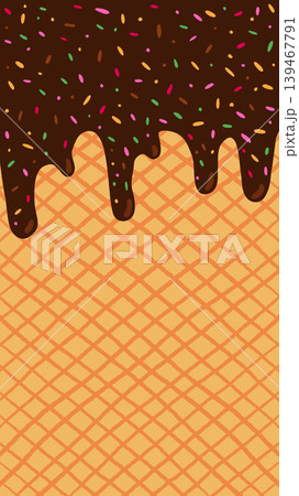 Melting chocolate vector ice cream with sugar sprinkles and waffle cone pattern, vertical summer background for product and package design 139467791