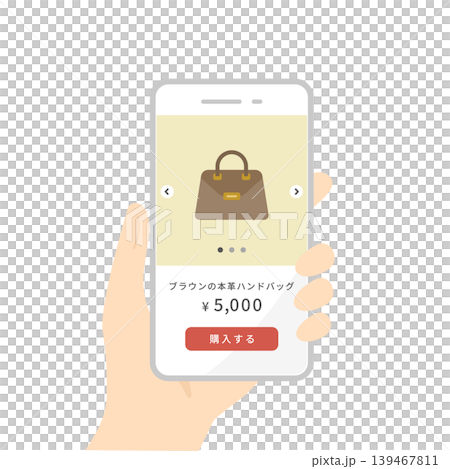 フリマアプリでバッグを出品・購入するスマホの画面イメージ。ベクターイラスト・フラットデザイン フリマアプリでバッグを出品・購入するスマホの画面イメージ。ベクターイラスト・フラットデザイン 139467811