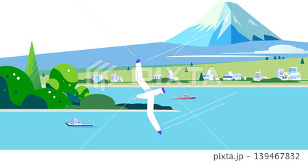 富士山と海を望む街並みのフラットデザインイラスト。クリーンパスで編集可能なベクター背景素材(コピース 富士山と海を望む街並みのフラットデザインイラスト。クリーンパスで編集可能なベクター背景素材(コピース 139467832