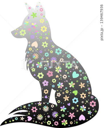 Silhouette of a fox with white and black gradation color, filled with colorful floral design against a black background, used for wallpaper, background, and other decorative purposes. Silhouette of a fox with white and black gradation color, filled with colorful floral design against a black background, used for wallpaper, background, and other decorative purposes. 139467936