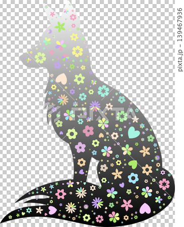 Silhouette of a fox with white and black gradation color, filled with colorful floral design against a black background, used for wallpaper, background, and other decorative purposes. Silhouette of a fox with white and black gradation color, filled with colorful floral design against a black background, used for wallpaper, background, and other decorative purposes. 139467936