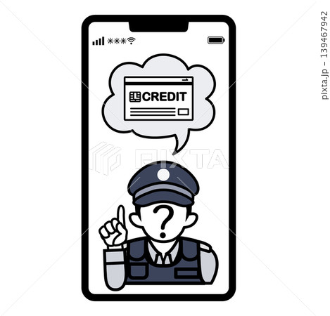 スマートフォンに映るクレジットカードを要求する偽警官 特殊詐欺コンセプトアート スマートフォンに映るクレジットカードを要求する偽警官 特殊詐欺コンセプトアート 139467942