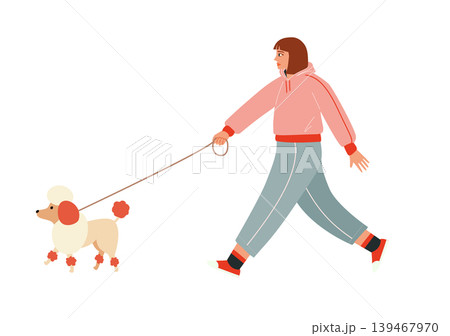 Young woman walking a poodle on a leash, girl in tracksuit with her dog isolated on white background, pet owner lifestyle Young woman walking a poodle on a leash, girl in tracksuit with her dog isolated on white background, pet owner lifestyle 139467970