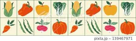 Seamless border of autumn vegetables and fruits. Minimalist icons of pumpkin, corn, pepper, and carrot for harvest festival, organic food packaging, and kitchen design. Seamless border of autumn vegetables and fruits. Minimalist icons of pumpkin, corn, pepper, and carrot for harvest festival, organic food packaging, and kitchen design. 139467971