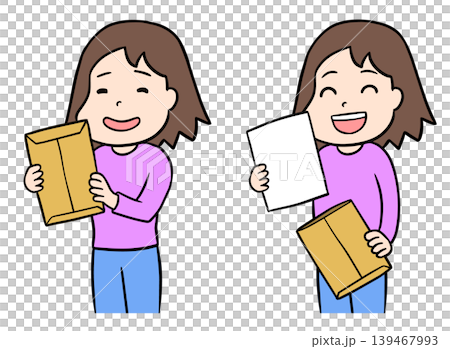 一組插圖，描繪了一位女士拿著信封，另一位女士高興地從信封裡取出文件。 139467993
