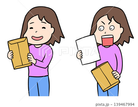 封筒を持つ女性と書類を取り出して驚く女性のイラストセット 封筒を持つ女性と書類を取り出して驚く女性のイラストセット 139467994