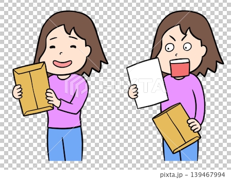 封筒を持つ女性と書類を取り出して驚く女性のイラストセット 封筒を持つ女性と書類を取り出して驚く女性のイラストセット 139467994
