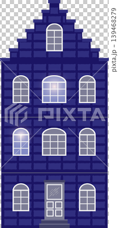 Illustration of a classic European-style building, featuring arched windows and decorative gables, in shade of blue and grey. 139468279