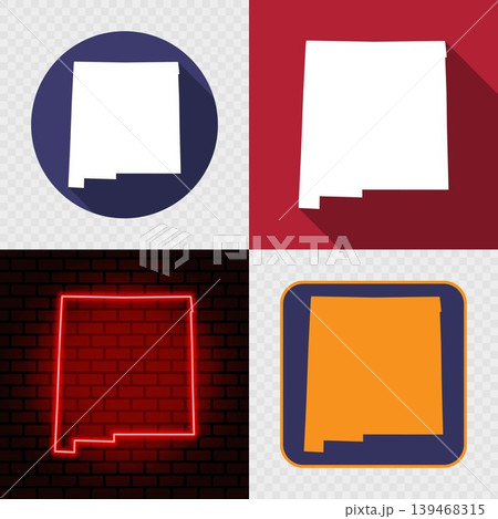 New Mexico State Map Icons Set, USA Silhouette Collection in Flat, Minimal and Neon Styles. New Mexico State Map Icons Set, USA Silhouette Collection in Flat, Minimal and Neon Styles. 139468315