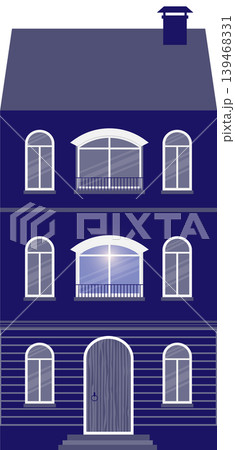 Illustration of a classic European-style building, featuring arched windows and decorative gables, in shade of blue and grey. Illustration of a classic European-style building, featuring arched windows and decorative gables, in shade of blue and grey. 139468331