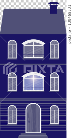Illustration of a classic European-style building, featuring arched windows and decorative gables, in shade of blue and grey. Illustration of a classic European-style building, featuring arched windows and decorative gables, in shade of blue and grey. 139468331