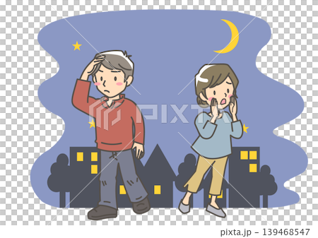 一男一女神情焦慮地尋找夜間在街頭遊蕩的家人;擔心照顧家人。 一男一女神情焦慮地尋找夜間在街頭遊蕩的家人;擔心照顧家人。 139468547