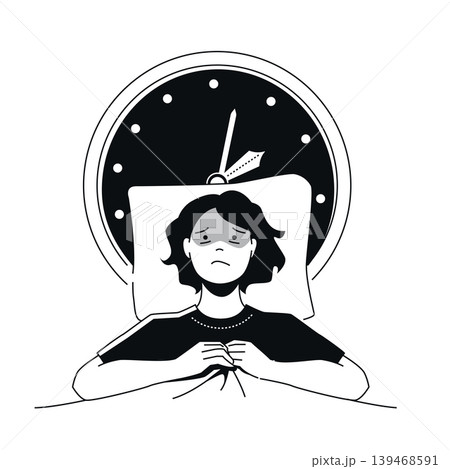 Female with Insomnia - black and white flat design illustration Female with Insomnia - black and white flat design illustration 139468591