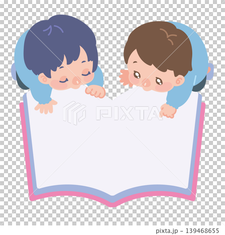 插圖框，描繪了一個幼兒在閱讀圖畫書 139468655