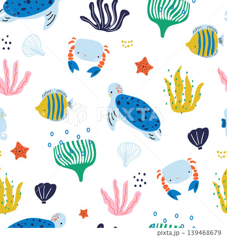 Seamless pattern with cute undersea inhabitants. Creative childish ocean animals background. Perfect for kids apparel,fabric, textile, nursery decoration,wrapping paper.Vector Illustration Seamless pattern with cute undersea inhabitants. Creative childish ocean animals background. Perfect for kids apparel,fabric, textile, nursery decoration,wrapping paper.Vector Illustration 139468679