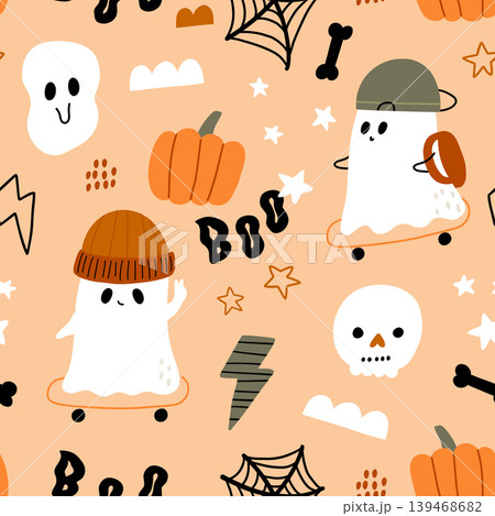 Seamless Halloween pattern design with cute ghosts on skates and other elements. Childish seasonal vector texture. Seamless Halloween pattern design with cute ghosts on skates and other elements. Childish seasonal vector texture. 139468682