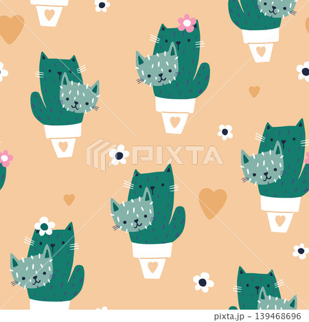 Seamless childish pattern with cute hand drawn cactus cats. Creative kids hand drawn texture for fabric, wrapping, textile, wallpaper, apparel. Vector illustration 139468696