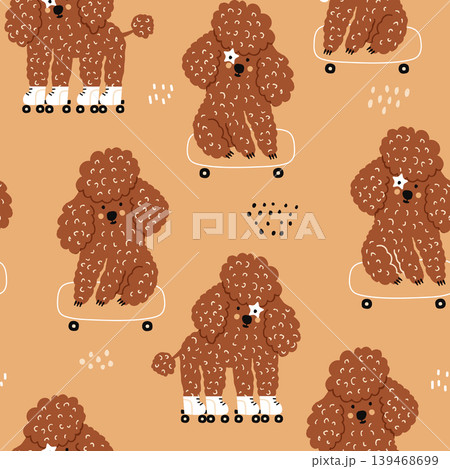 Seamless pattern with cute dog poodle on skate. Creative childish texture in scandinavian style. Great for fabric, textile Vector Illustration 139468699