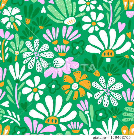 Seamless botanical texture with abstract flowers. Floral vector pattern on green background 139468700