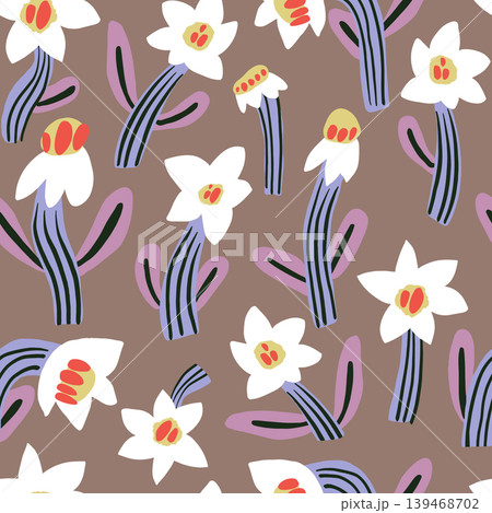 Seamless botanical texture with abstract narcissus flowers. Floral vector pattern on pastel background Seamless botanical texture with abstract narcissus flowers. Floral vector pattern on pastel background 139468702