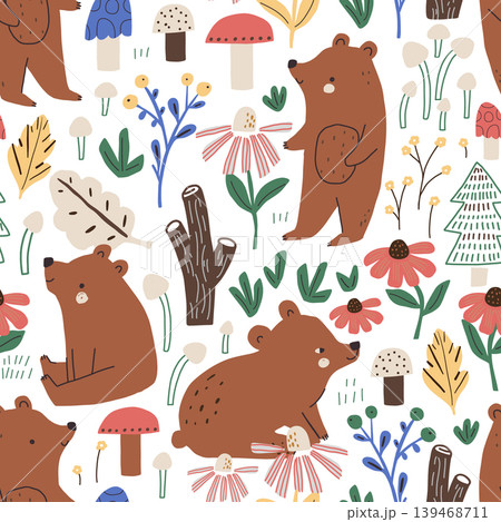 Seamless childish pattern with cute bears in forest. Creative kids forest texture for fabric, wrapping, textile, wallpaper, apparel. Vector illustration Seamless childish pattern with cute bears in forest. Creative kids forest texture for fabric, wrapping, textile, wallpaper, apparel. Vector illustration 139468711