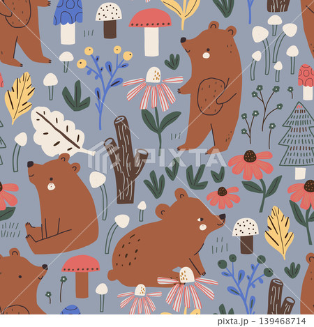 Seamless childish pattern with cute bears in forest. Creative denim kids forest texture for fabric, wrapping, textile, wallpaper, apparel. Vector illustration. 139468714
