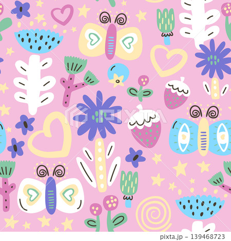 Seamless cartoon botanical texture with abstract flowers,starwberries,hearts, butterfly. Creative kids floral vector texture. Seamless cartoon botanical texture with abstract flowers,starwberries,hearts, butterfly. Creative kids floral vector texture. 139468723