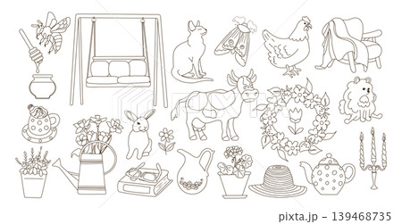 Cottagecore Line Art Set. Dress Goose Flowers 139468735