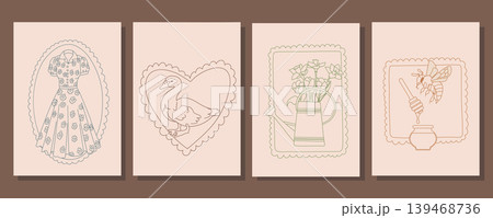 Cottagecore Line Art Set. Dress Goose Flowers Cottagecore Line Art Set. Dress Goose Flowers 139468736