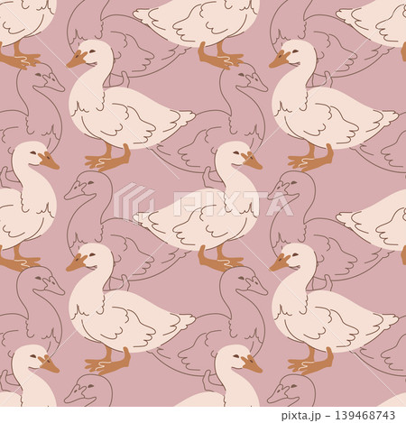 Cottagecore Geese Pattern. Pink Background Farm Birds Cottagecore Geese Pattern. Pink Background Farm Birds 139468743