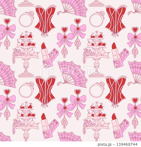 Coquette Rococo Pattern. Corset Fan Lipstick Fruit 139468744