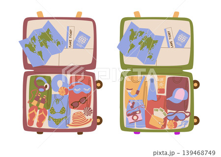 Open Suitcases Packing. Top View Travel Open Suitcases Packing. Top View Travel 139468749
