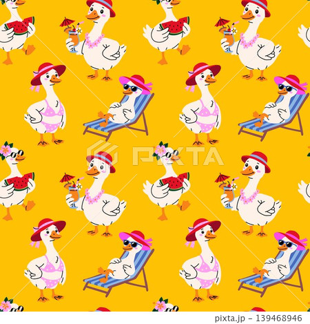 Cute Summer Goose Seamless Pattern on Yellow Background Cute Summer Goose Seamless Pattern on Yellow Background 139468946