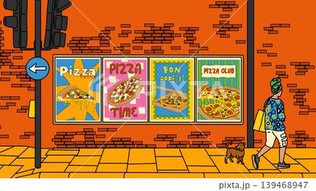Cartoon City Sidewalk with Pizza Posters and Pedestrian Cartoon City Sidewalk with Pizza Posters and Pedestrian 139468947