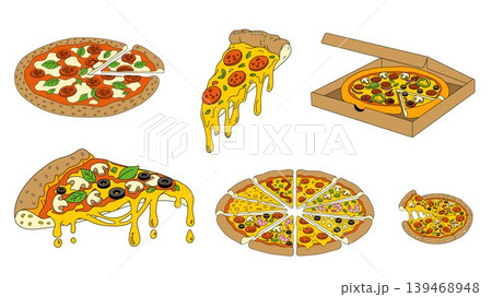Cartoon Pizza Slices and Whole Pizzas Collection 139468948