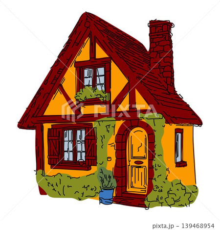 Charming Yellow Cottage with Red Roof Illustration 139468954