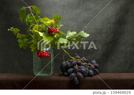 Still life with ripe grapes and red viburnum branches Still life with ripe grapes and red viburnum branches 139469029