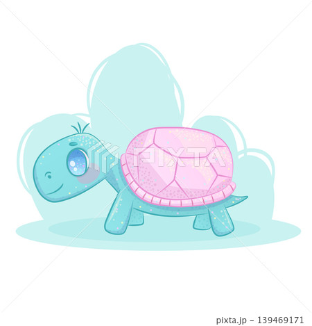 A hand-drawn cute cartoon smiling turtle with a pink shell on a blue background. Cartoon children's vector illustration for the design of postcards, postcards for printing, textiles A hand-drawn cute cartoon smiling turtle with a pink shell on a blue background. Cartoon children's vector illustration for the design of postcards, postcards for printing, textiles 139469171